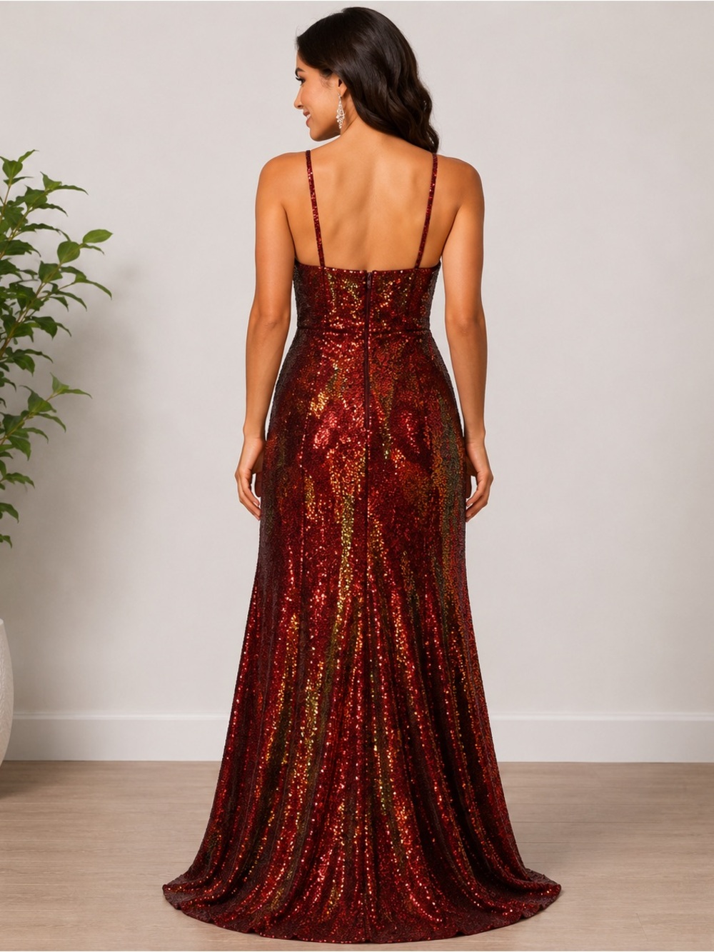 Red Iridescent Sequin Formal Gown Deep V-Neck Size 5 by City Triangles NWT - Picture 2 of 13